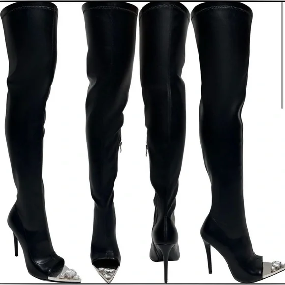 Azalea Wang “Clover” Over-the-Knee Peep-Toe Boots Size 9 Black - Picture 1 of 6